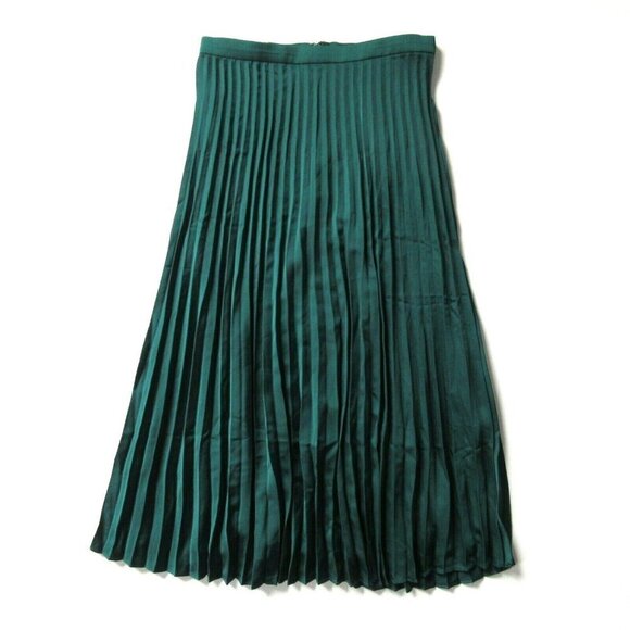 NWT J.Crew Petite Pleated Midi in Dark Spruce Green Satin A-line Skirt 12P $98